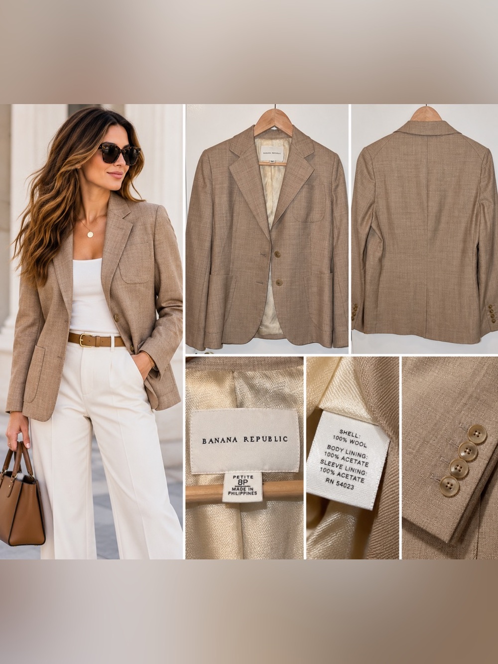 Banana Republic Wool & Silk Taupe Blazer Petite 8P Classic Tailored Jacket